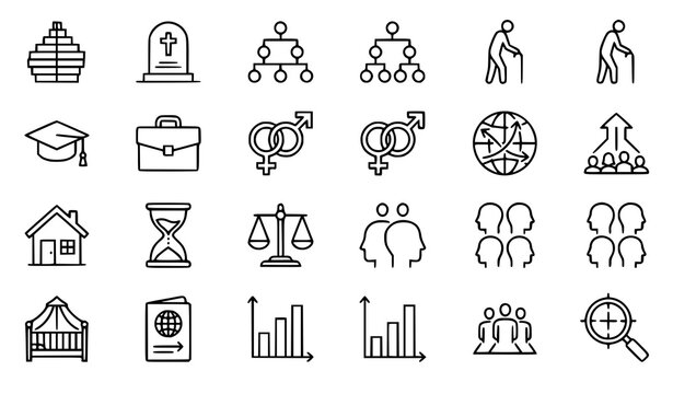 Demographic population line icons set mortality education migration vector