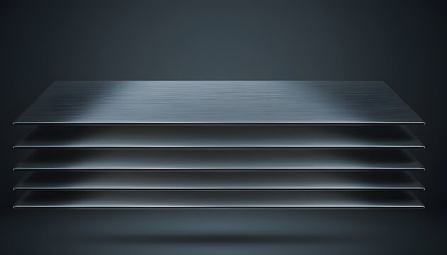 Minimalist 3D horizontal metal shelf layers floating in dark studio space, soft spotlight beam illuminating brushed steel plates for sleek product presentation