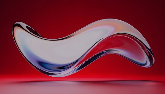 Abstract iridescent glass wave on a vibrant red background. Modern futuristic technology and glossy liquid design. Glossy curved surface reflecting vibrant colors in a minimalist studio
