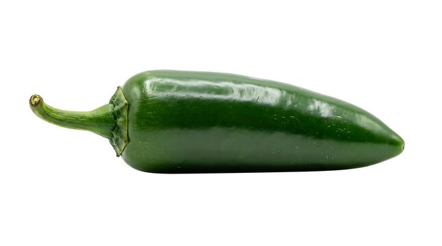 A single fresh green jalapeno pepper isolated on a plain white background
