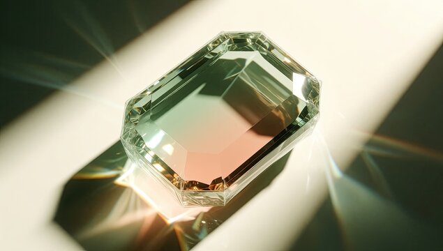 Emerald cut crystal gemstone with light refraction and caustics on minimalist background luxury jewelry concept 3D illustration