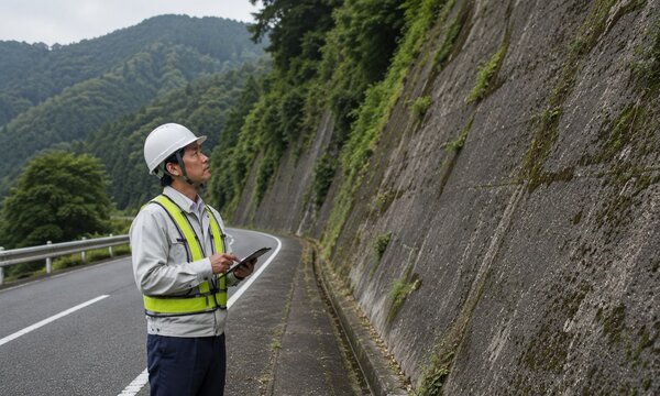 山間部の道路で法面の状態を確認しながら点検・調査を行う男性技術者