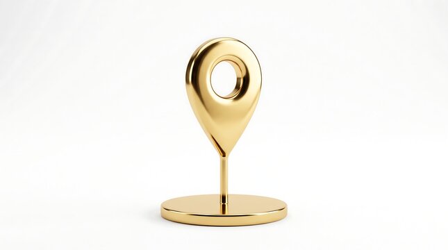 A shiny gold location pin icon standing on a circular base isolated white