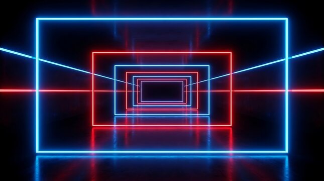 Glowing neon rectangles forming a perspective tunnel, alternating red and blue light frames on a dark reflective surface