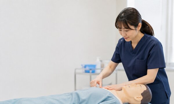 医療現場で人体模型を使い心肺蘇生の実技訓練を行う女性医療スタッフ