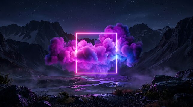 Glowing neon square frame enclosing vibrant purple and blue clouds over a dark mountain landscape at night