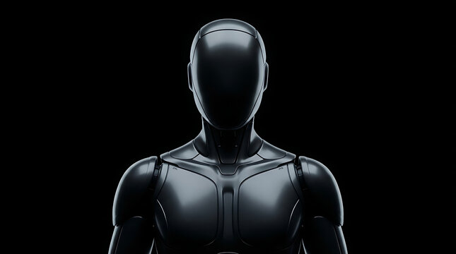 Glossy black robotic humanoid bust standing against dark background for tech presentation.