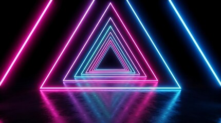 Naklejka premium Glowing neon triangle tunnel with pink and blue light lines, receding into a dark void with reflective floor surface, 3 d render background