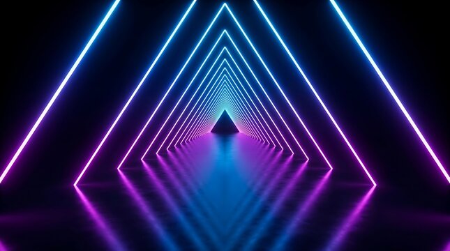 Glowing neon triangle tunnel with blue and purple light lines, infinite corridor perspective on a reflective dark floor surface