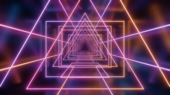 Glowing neon tunnel with receding geometric triangles and rectangles in pink, purple, and orange light against a dark background