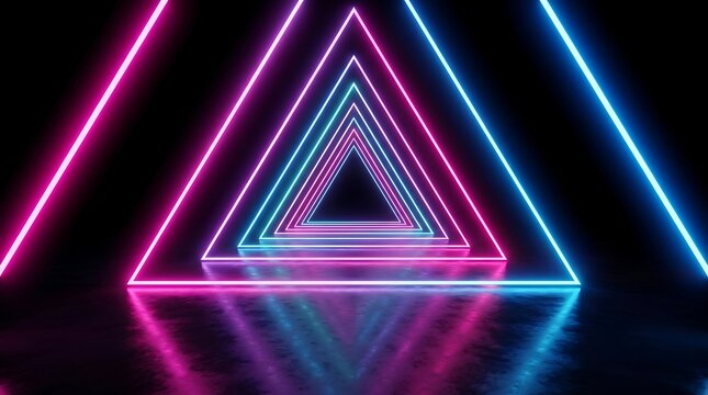 Glowing neon triangle tunnel with pink and blue light lines, receding into a dark void with reflective floor surface, 3 d render background