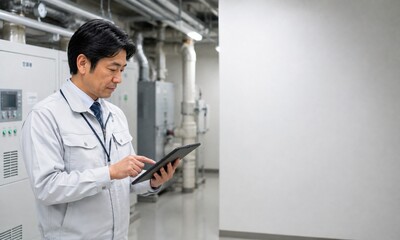 Fototapeta premium 工場の設備室でタブレットを使い機械設備を点検する男性技術者