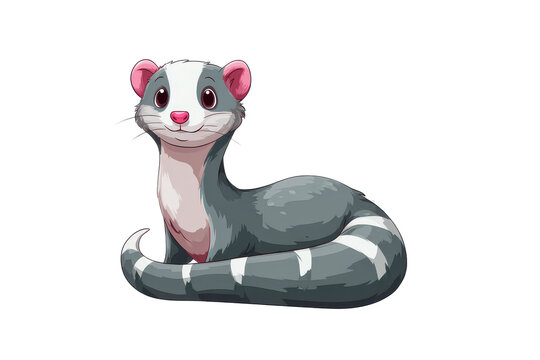 Cute possum resting with striped tail and pink ears in bright studio lighting for children's books, isolated on transparent background