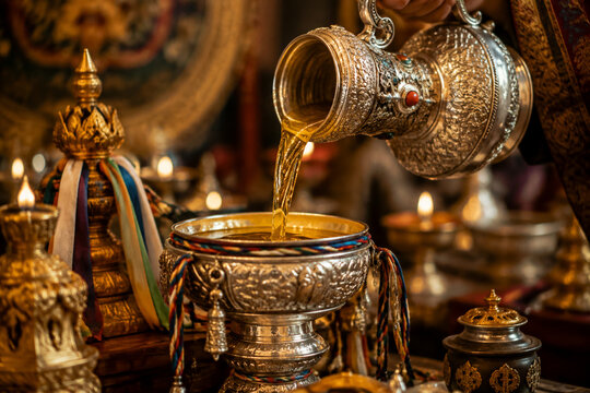 Golden oil pouring from ornate silver vessel into container, ceremonial atmosphere.