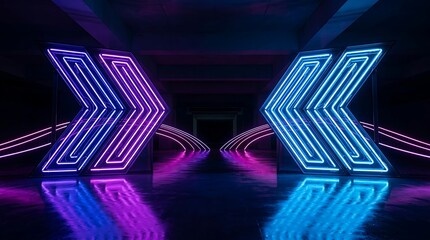Naklejka premium Neon arrow signs with glowing blue and purple light tubes, arranged in a dark reflective tunnel corridor with symmetrical geometric patterns