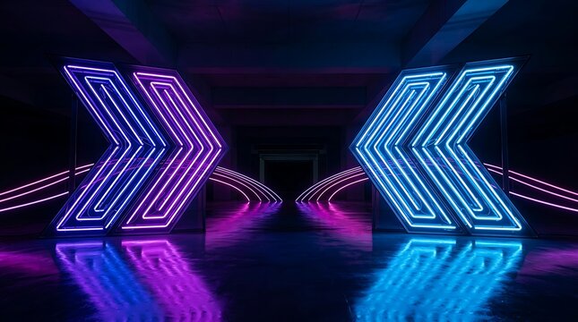 Neon arrow signs with glowing blue and purple light tubes, arranged in a dark reflective tunnel corridor with symmetrical geometric patterns