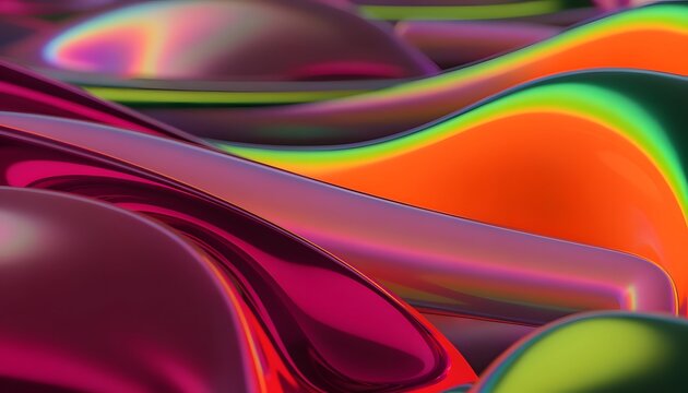Abstract iridescent fluid waves and colorful liquid metal surfaces. Modern digital art and graphic design textures. Glossy curved shapes flowing with vibrant holographic color gradients