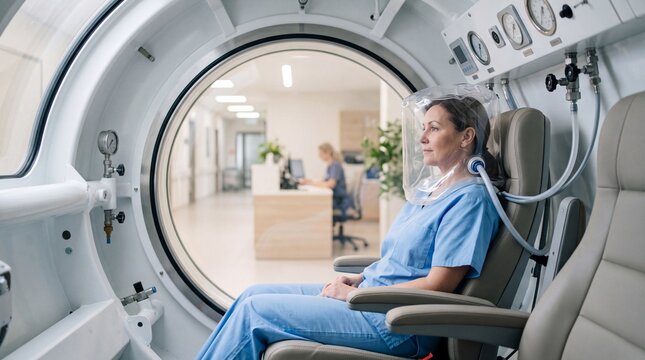A woman wearing a blue scrub and a clear oxygen helmet sitting inside a hyperbaric oxygen ad social media download thambnail poster web template event festival 2026 2027 2028