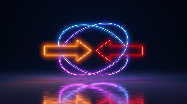 Two glowing neon arrows pointing toward each other, framed by intersecting purple and blue light rings on a dark reflective surface