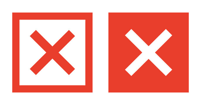 Red square with x tick in it, prohibition symbol