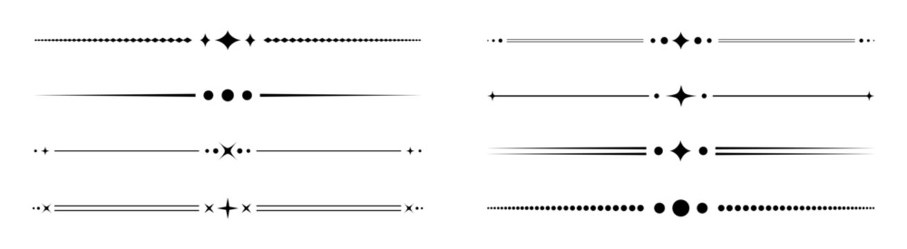 Elegant minimalist divider lines set, decorative borders with stars and dot shapes, starburst accents