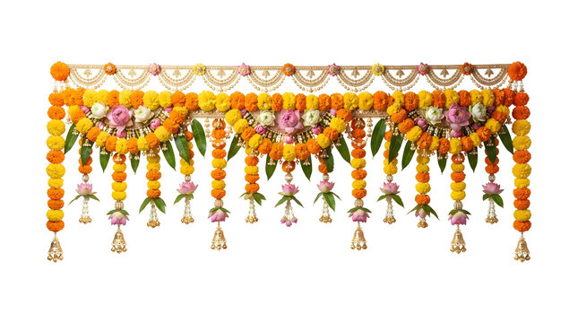 Beautiful marigold garland floral toran for diwali decoration and indian wedding decoration during an indian festival traditional indian decor style
