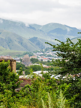 top view of Vanadzor city on cloudy morning