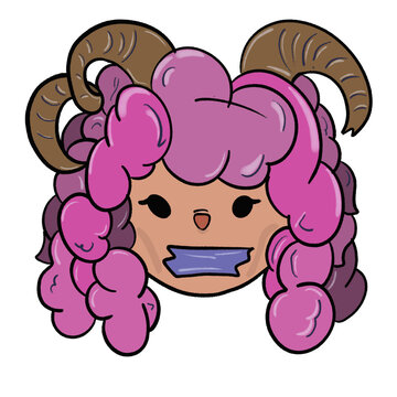 Cute stylized head with voluminous pink cloud-like hair, brown ram horns, and blue tape covering its mouth.