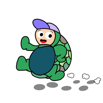 Cartoon character wearing a turtle costume and purple cap running quickly with dust clouds following behind.