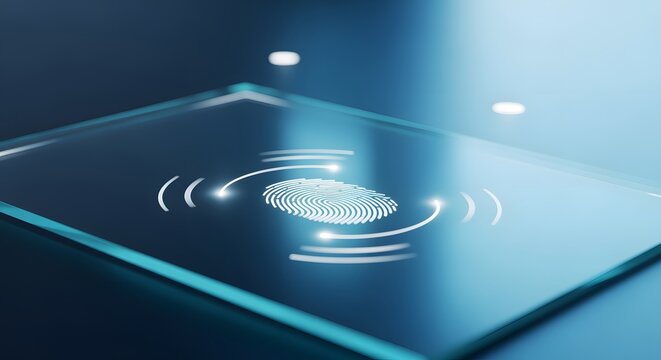Futuristic biometric fingerprint scanner glowing on a sleek glass interface illustrating digital security cyber access and high-tech identity verification technology