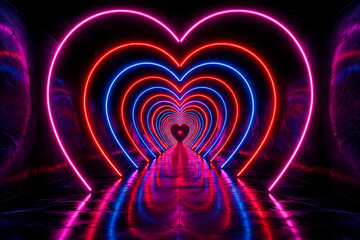 Naklejka premium Futuristic Neon Light Tunnel Corridor Structured With Multiple Heart Shapes Glowing In Red Pink And Blue Colors On Reflective Dark Floor