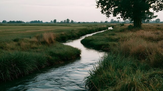 A narrow water channel winds through grassy farmland under an overcast sky  flanked by tall reeds and a solitary tree