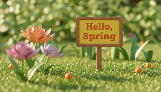 Hello Spring sign with flowers in grass