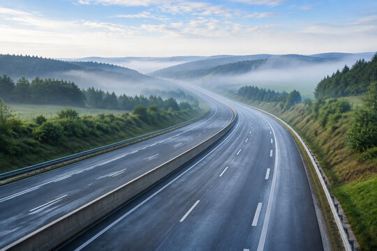 Empty German autobahn curving through green hills in morning fog with concrete barrier and dashed lane markings, highway infrastructure