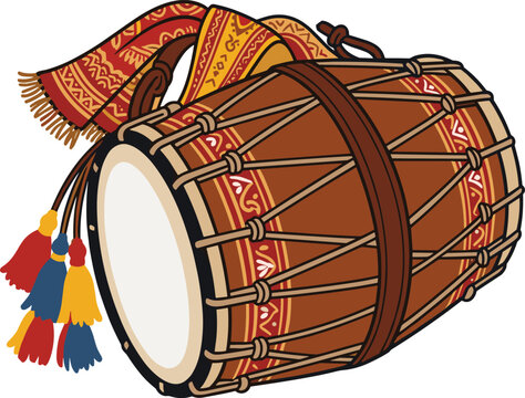 Traditional indian dhol drum with decorative fabric and colorful tassels Vector illustration