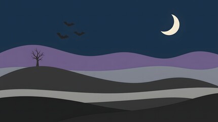 Obraz premium A simple and artistic minimal halloween landscape background featuring a lonely silhouette standing on dark rolling hills under crescent moon