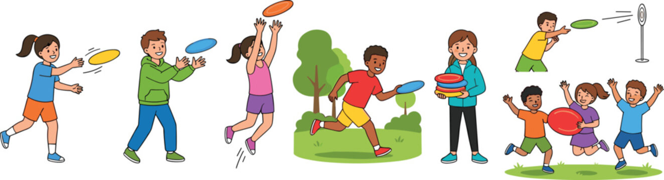 Kids playing flying disc set children throwing catching frisbee outdoor game park activity vector graphic illustration collection