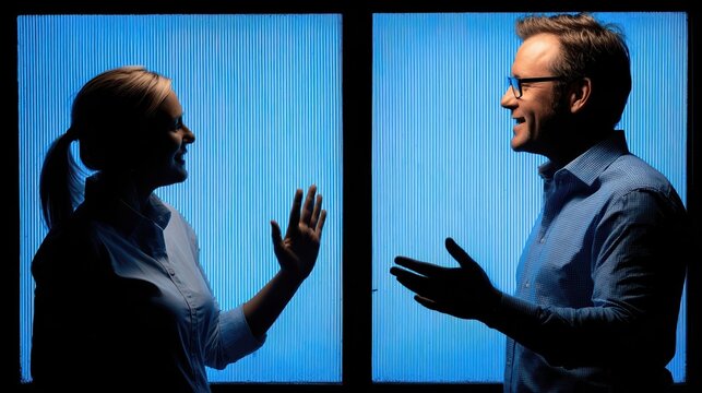 Silhouettes of two people divided by a glass partition in cold blue light. This image powerfully captures separation, misunderstanding, and emotional distance.