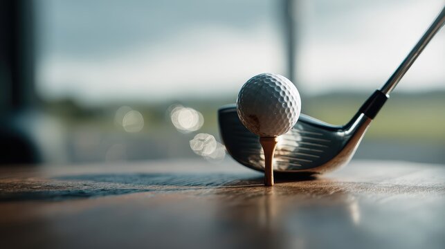A closeup of a golf ball on a wooden tee with a club about to strike. The golf equipment is sharply focused, evoking precision and outdoor sports energy.