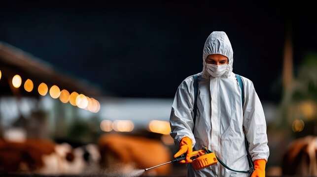 A worker in full protective clothing disinfects a cattle barn with a fine mist sprayer. Cinematic lighting highlights the focus on agricultural biosecurity and safety.