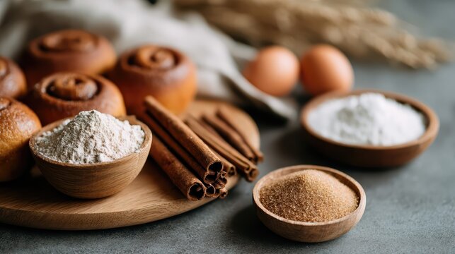 Fresh cinnamon rolls rest on a wooden board, surrounded by baking essentials. A rustic bakery mood highlights cinnamon, flour, and sugar ingredients.