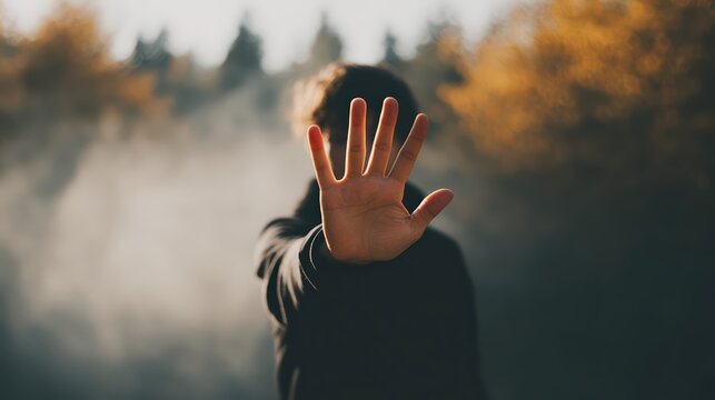 Person raises hand to block intrusive thoughts amid swirling smoke and warm light. Cinematic, shallow focus emphasizes emotional protection and resilience.