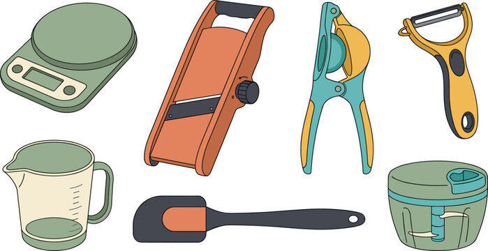 Kitchen Utensils and Food Preparation Tools Vector Icon Set Featuring Digital Scale Mandoline Slicer Citrus Juicer Vegetable Peeler Measuring Cup Spatula and Mini Chopper