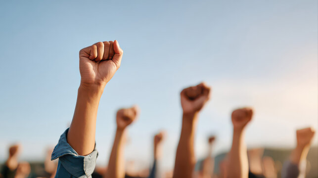 A crowd of raised fists symbolizes unity and strength. Cinematic lighting and natural tones highlight solidarity and empowerment against a serene sky.