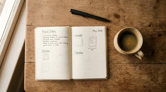 Open notebook with handwritten notes and coffee cup on a rustic wooden desk table perfect for national overthinkers day