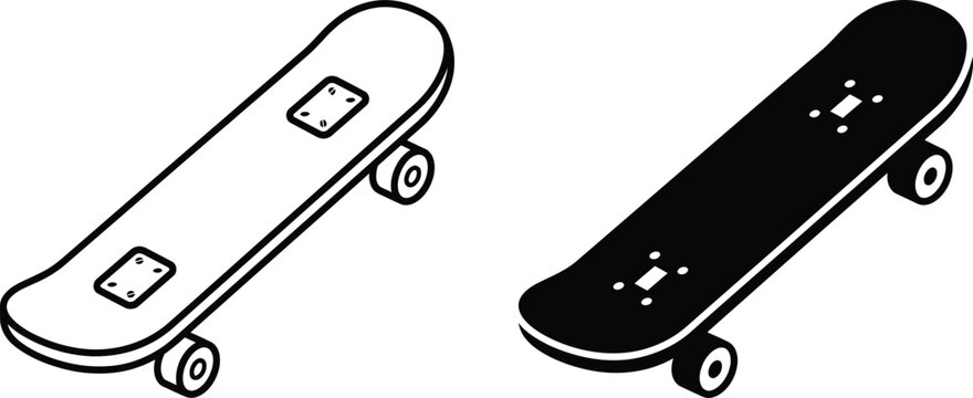 Skateboard deck isometric outline and solid silhouette vector icon set with skateboard isometric silhouette recreation