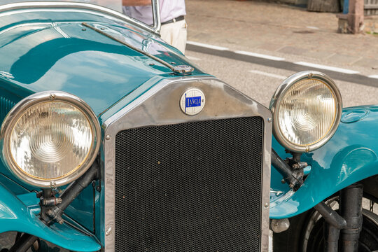 14 July 2026, Ortisei, Urtij&euml;i, St. Ulrich, Italy. Lancia Lambda vintage classic car in the historic Alpine town