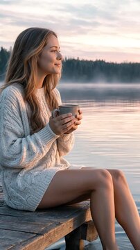 A beautiful woman in an oversized cable-knit sweater sits on a rustic wooden pier at sunrise. Smiling softly, she cradles a steaming mug over the calm lake water, her feet gently dipping in