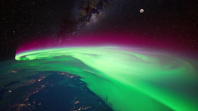 A breathtaking view from Earth's orbit showcases a vibrant green and purple aurora borealis stretching across the atmosphere. Below, city lights glimmer on the planet's surface. Cosmic beauty scene