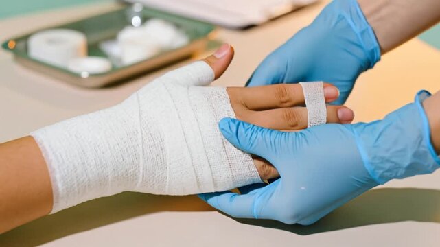 Close-up medical professional wearing blue protection gloves carefully wrapping a white sterile gauze bandage around a patient injured hand. Clinic supplies in the background